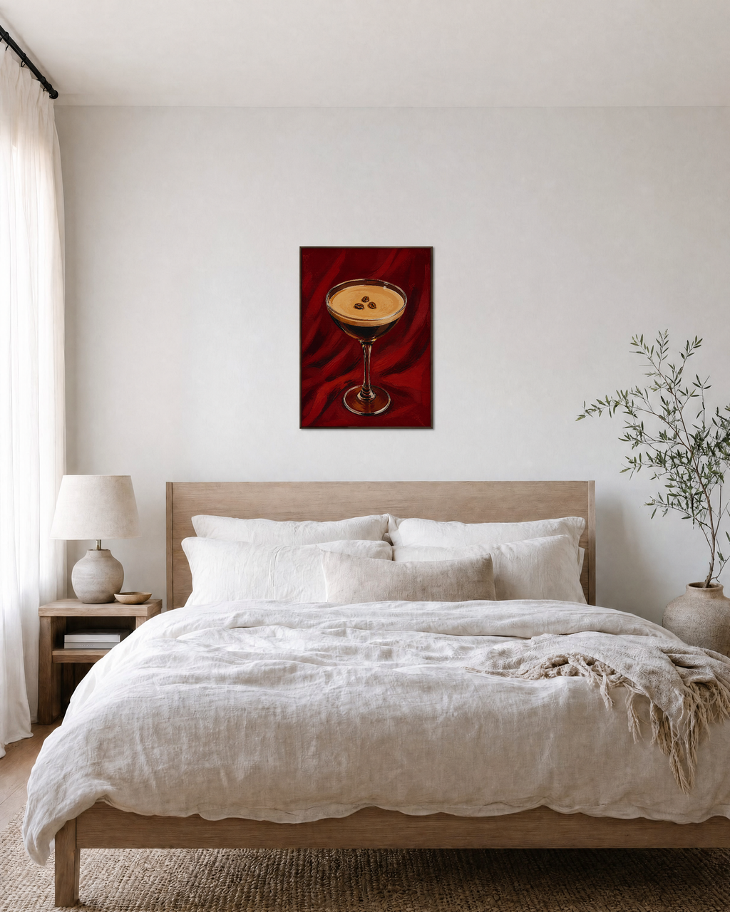 Late Nightcap coffee wall art: unframed print is shown framed for styling in a bedroom; frame not included