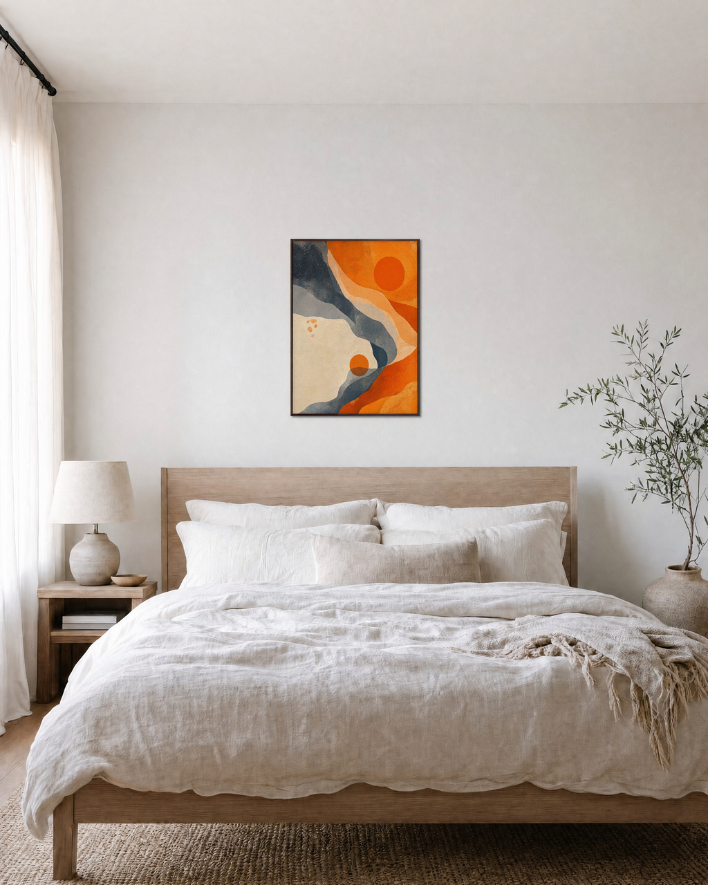 Orange Wave Circles unframed print is shown framed for styling in a bedroom; frame not included
