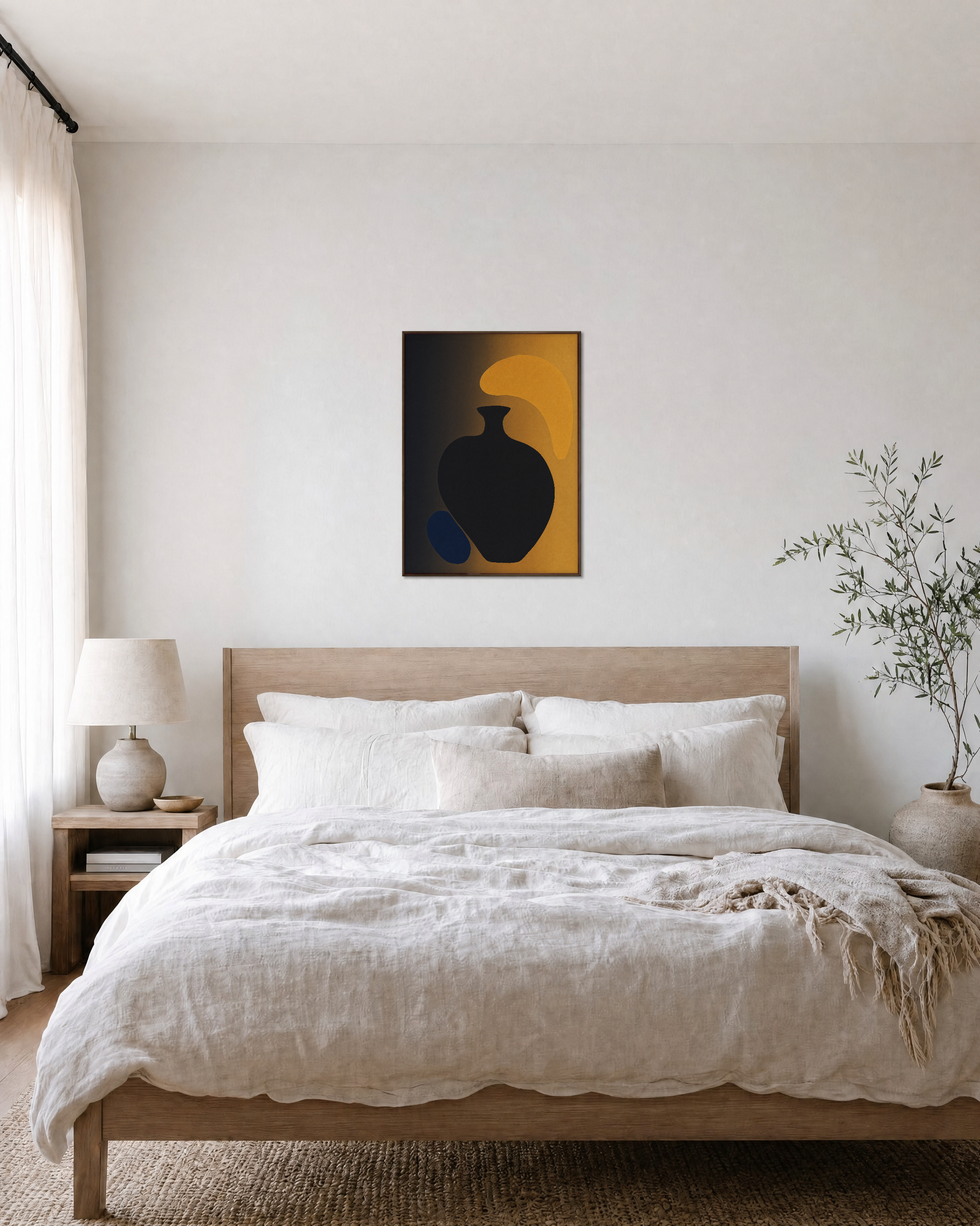 Dark Vessel unframed print is shown framed for styling in a bedroom; frame not included