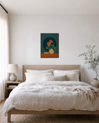 Morning Geraniums vintage botanical flower prints: unframed print is shown framed for styling in a bedroom; frame not included