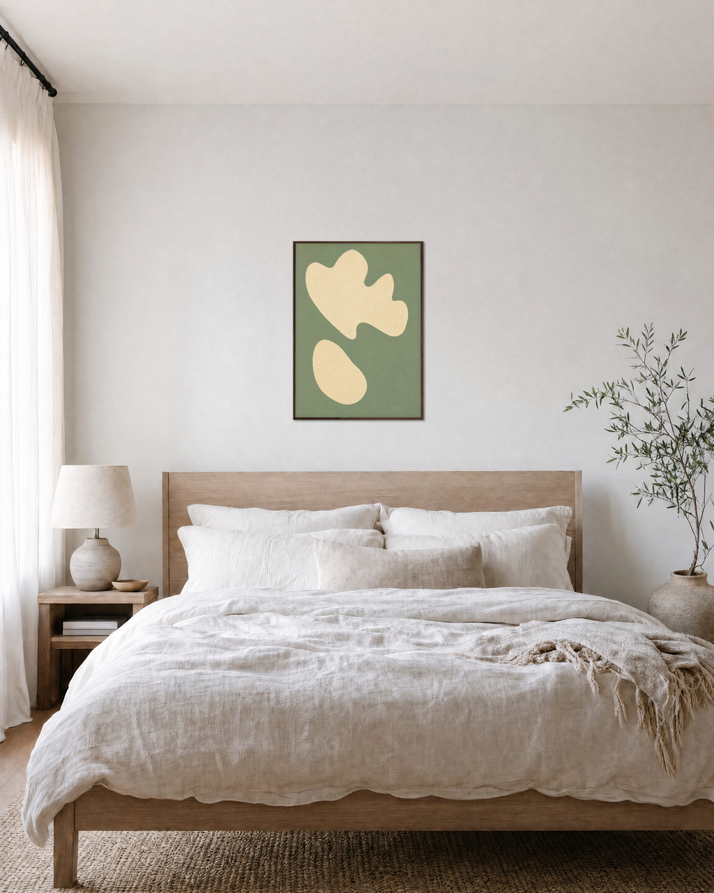 Cream Cutouts Sage unframed print is shown framed for styling in a bedroom; frame not included