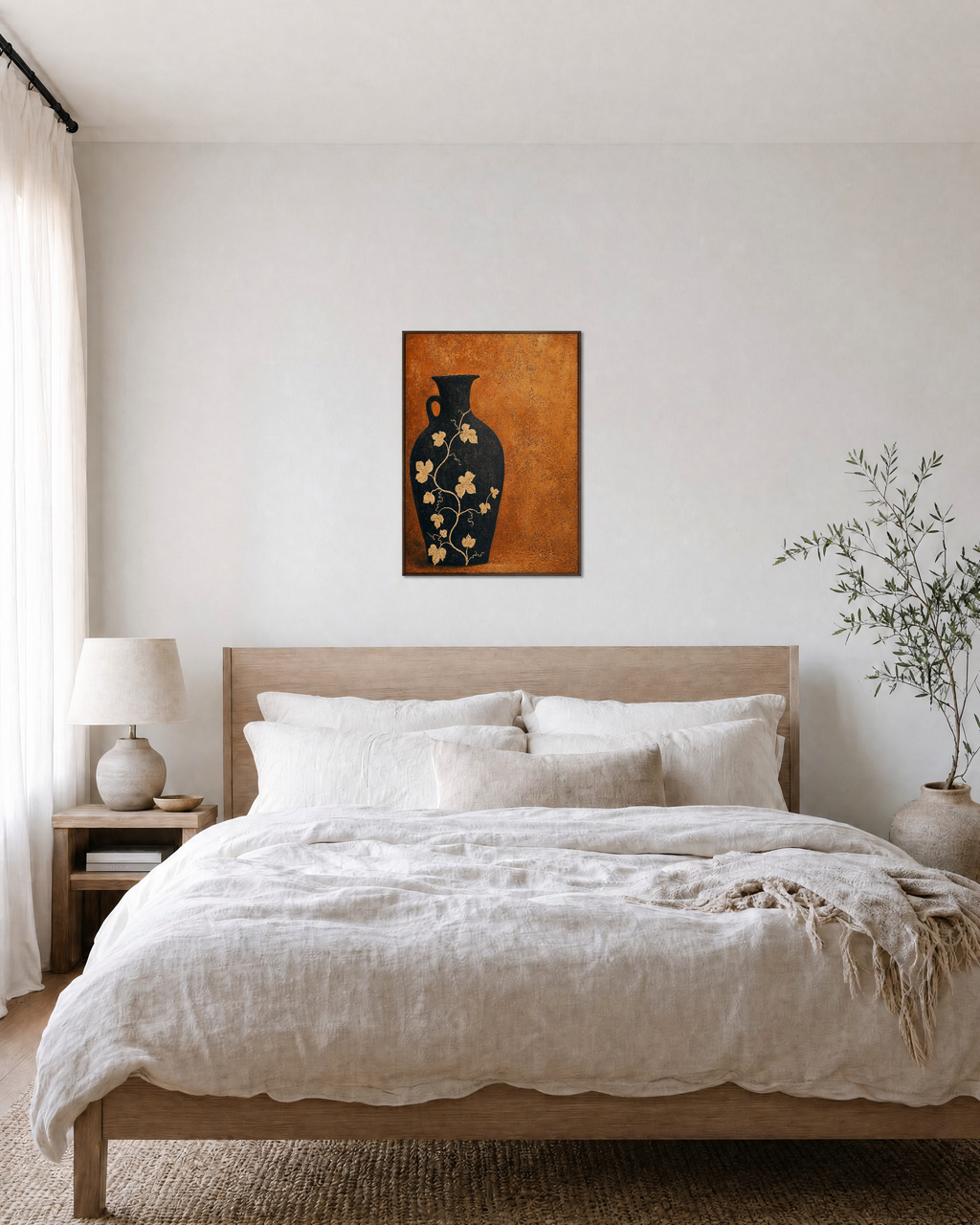 Black Amphora Motif unframed print is shown framed for styling in a bedroom; frame not included