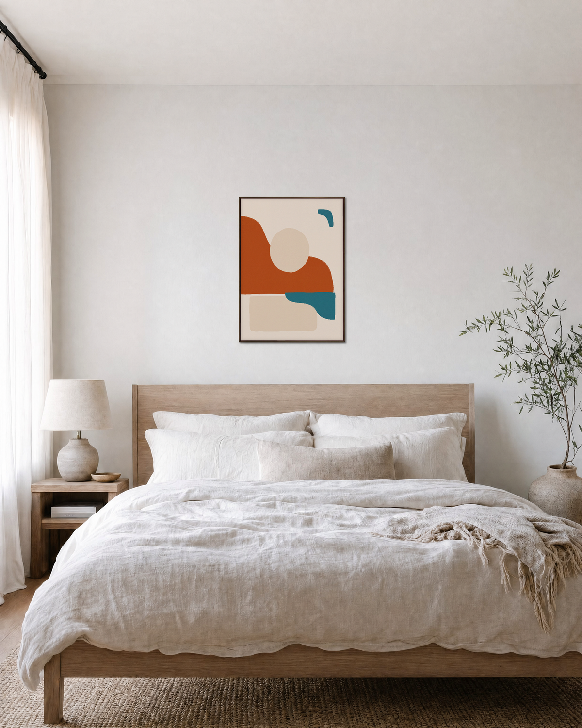 Terracotta Horizon with Teal Marks burnt orange mid century wall art: unframed print is shown framed for styling in a bedroom; frame not included