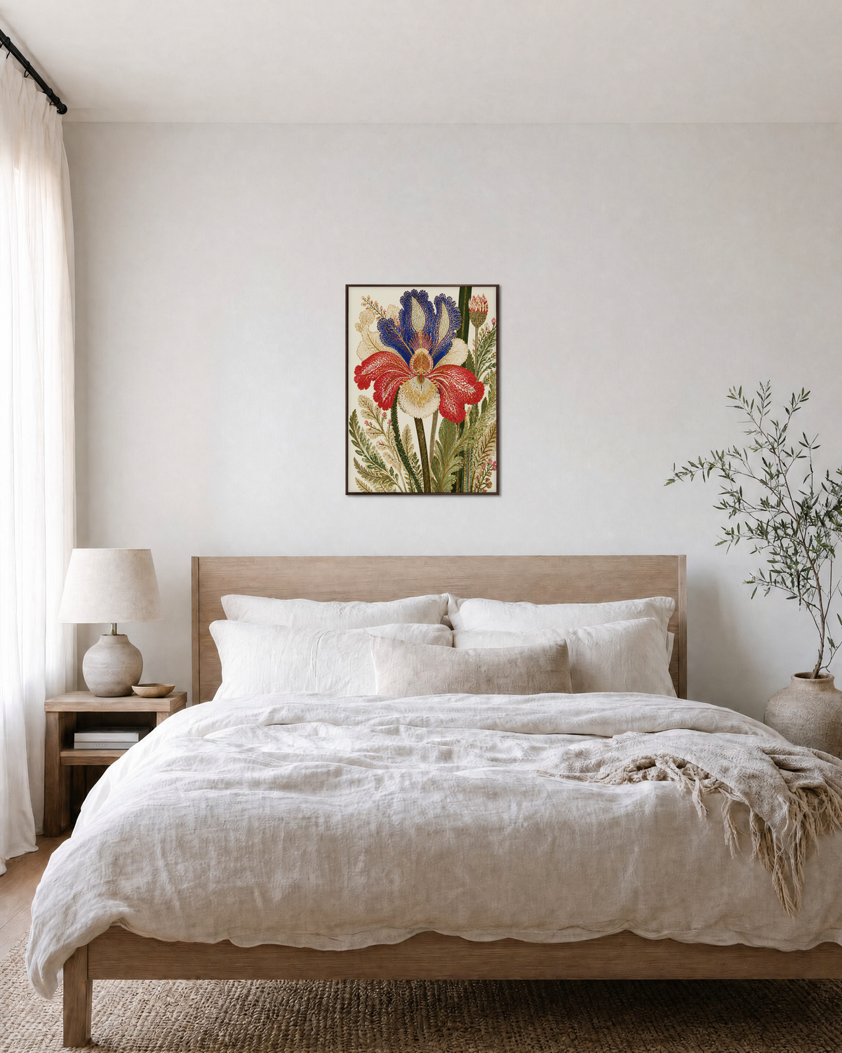 Morning Iris iris botanical print: unframed print is shown framed for styling in a bedroom; frame not included