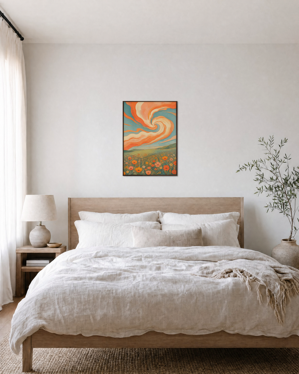 Poppy Weather swirl poppy print: unframed print is shown framed for styling in a bedroom; frame not included