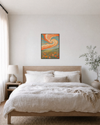 Poppy Weather swirl poppy print: unframed print is shown framed for styling in a bedroom; frame not included