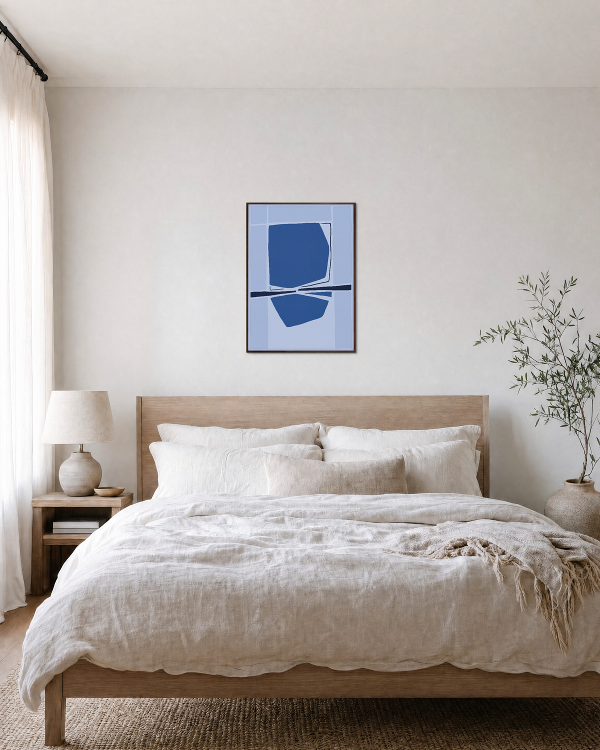 Twin Tide navy blue geometric wall art: unframed print is shown framed for styling in a bedroom; frame not included