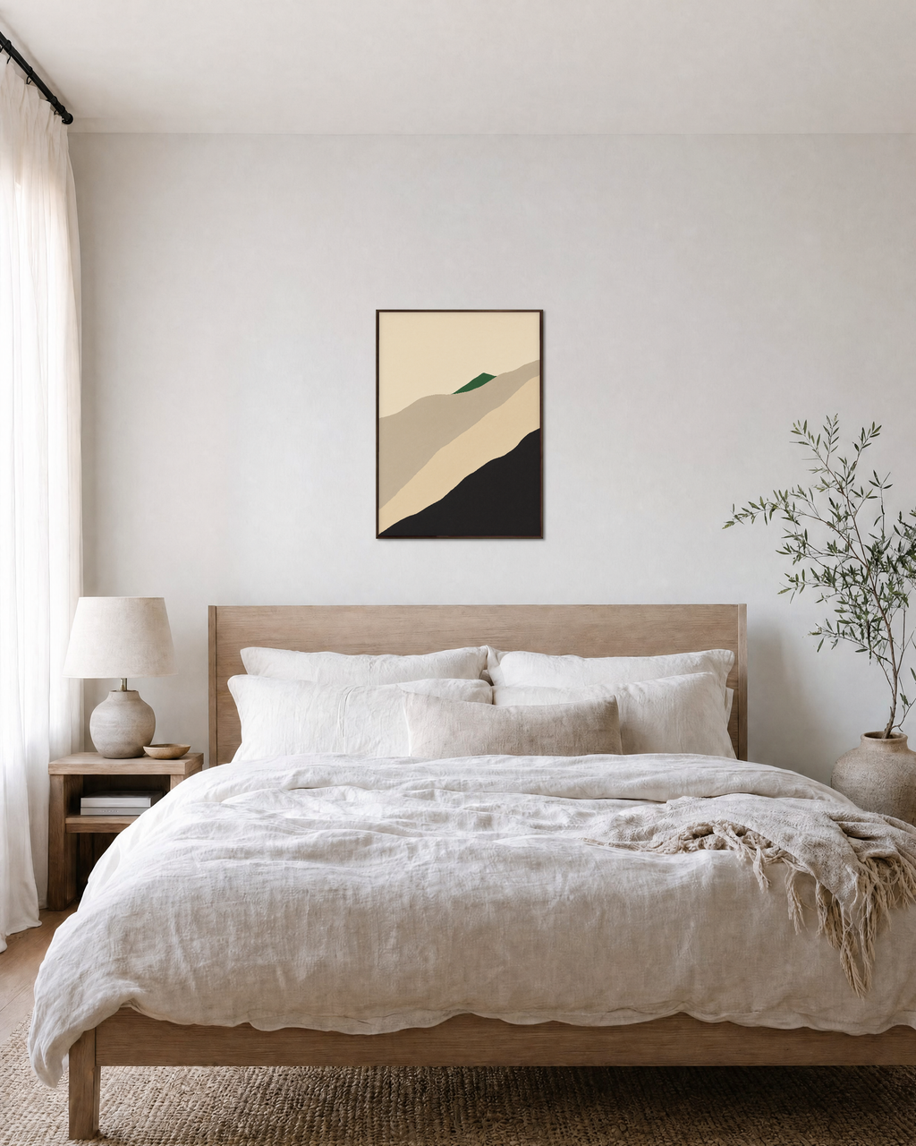 Stacked Neutral Landscape Ridges green geometric wall art: unframed print is shown framed for styling in a bedroom; frame not included