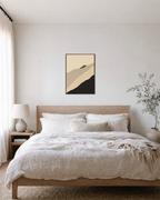 Stacked Neutral Landscape Ridges green geometric wall art: unframed print is shown framed for styling in a bedroom; frame not included