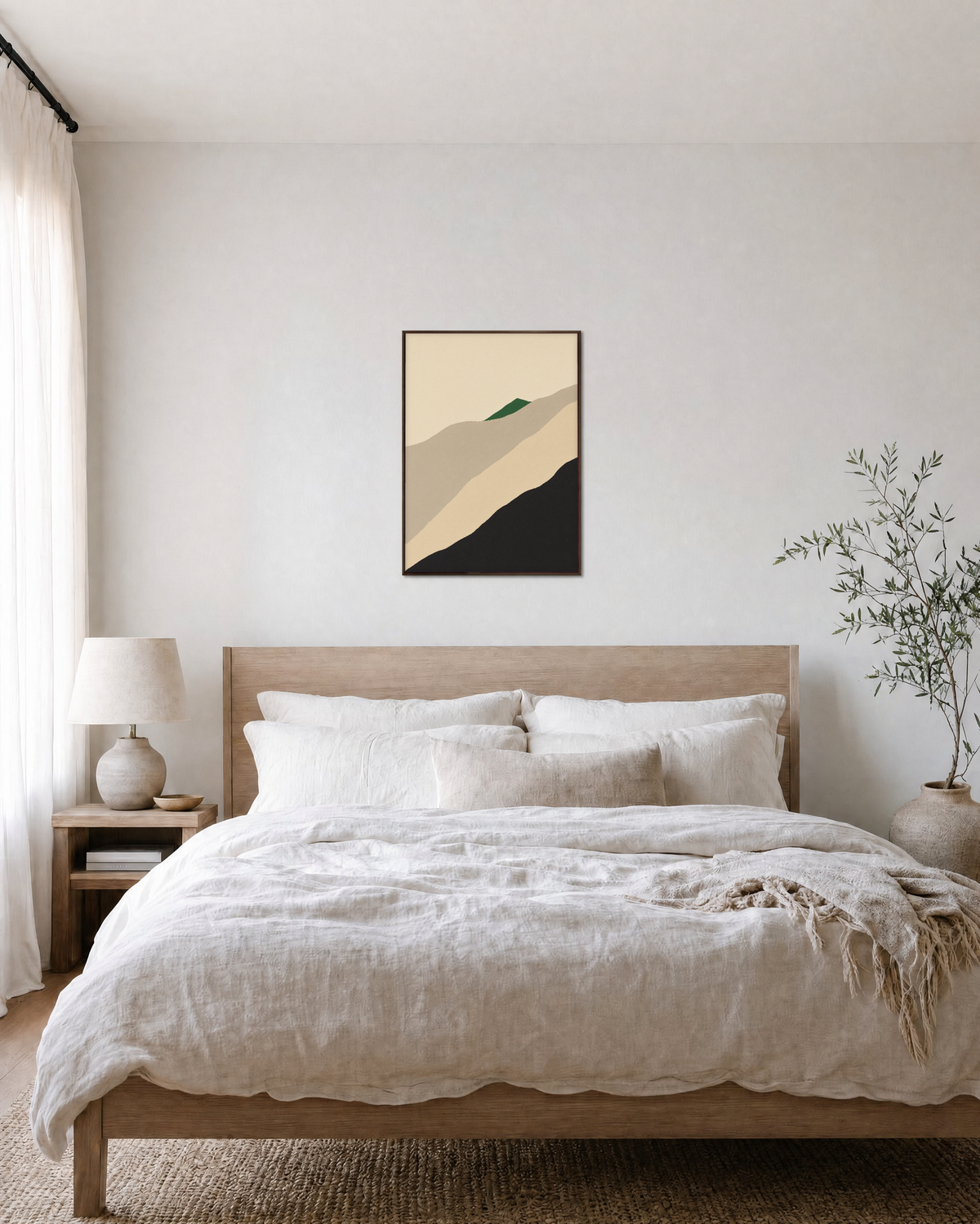 Stacked Neutral Landscape Ridges green geometric wall art: unframed print is shown framed for styling in a bedroom; frame not included