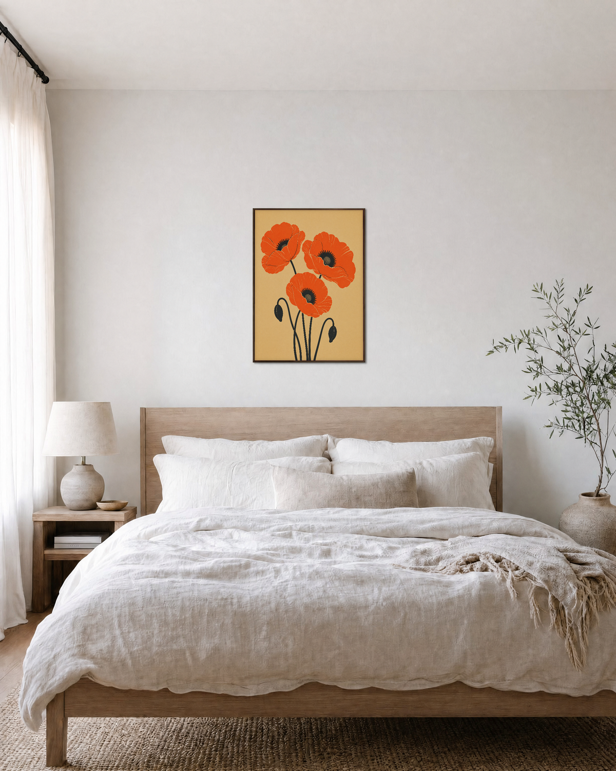 Bud Hooks three orange poppies wall art: unframed print is shown framed for styling in a bedroom; frame not included
