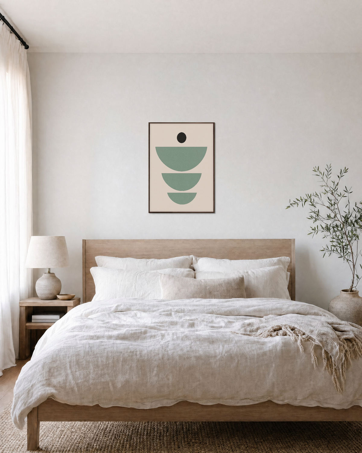 Dot Signal mint green arc wall art: unframed print is shown framed for styling in a bedroom; frame not included