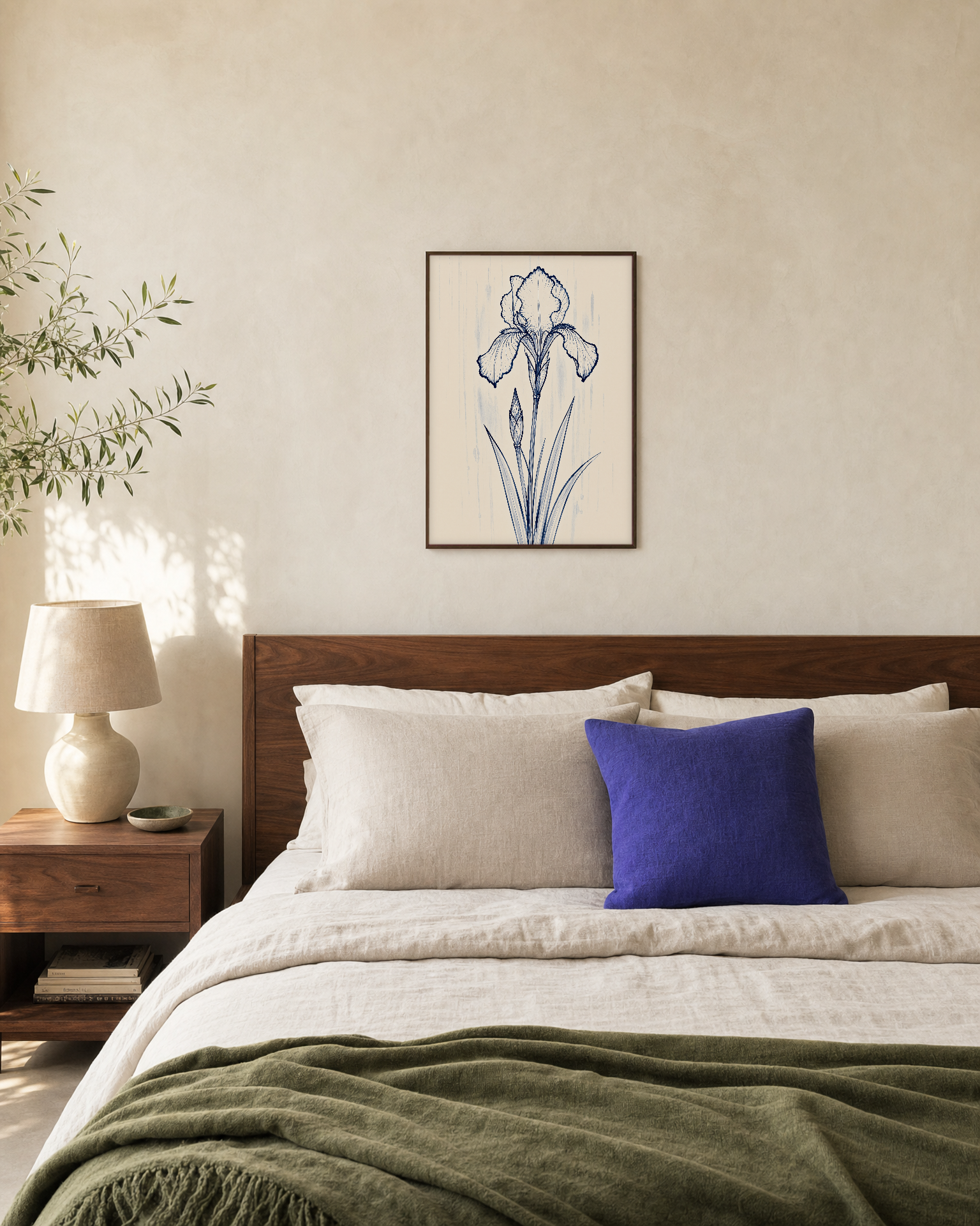 Ink Rain One Iris unframed print is shown framed for styling in a bedroom; frame not included