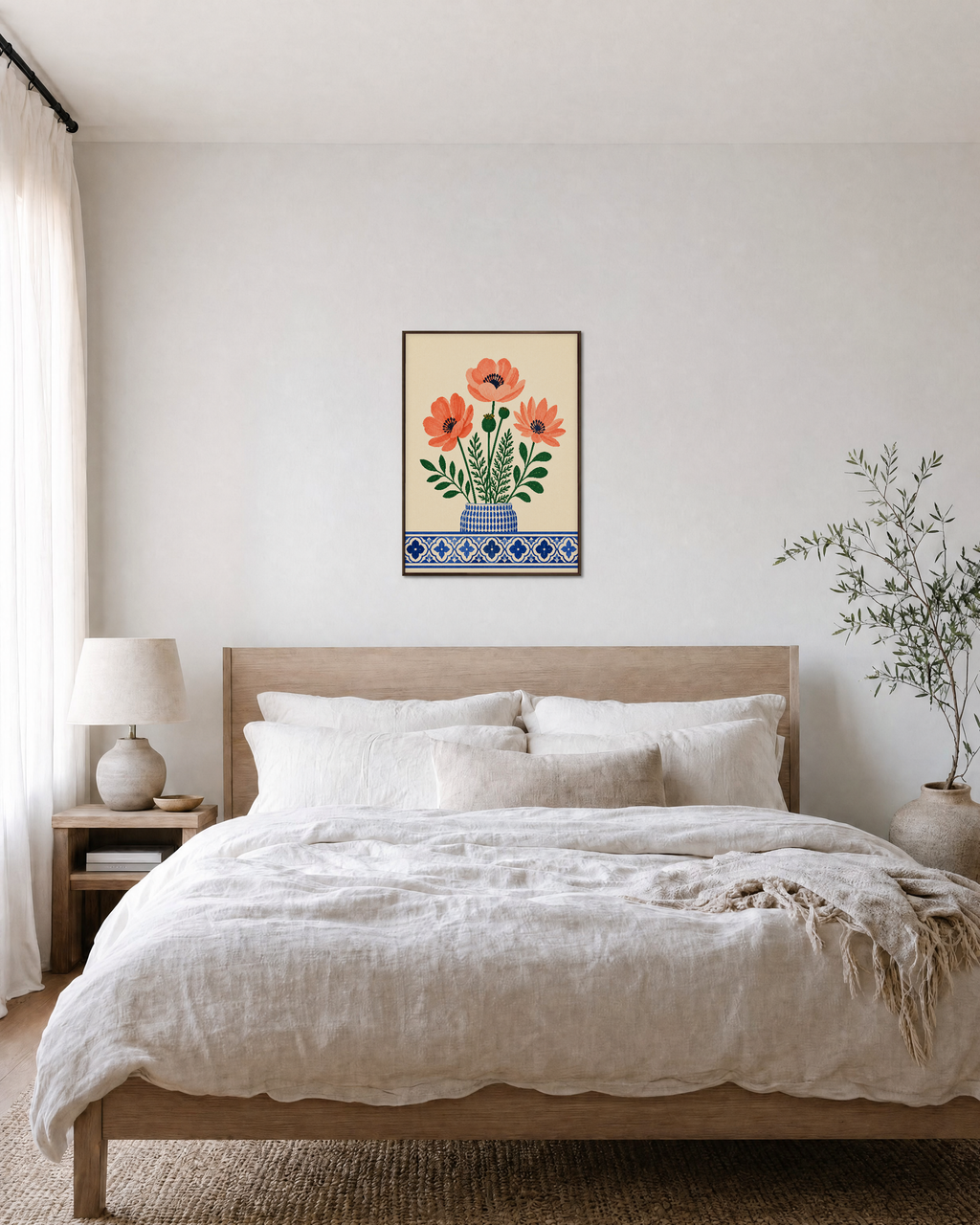 Lisbon Anemones anemone vase wall art: unframed print is shown framed for styling in a bedroom; frame not included