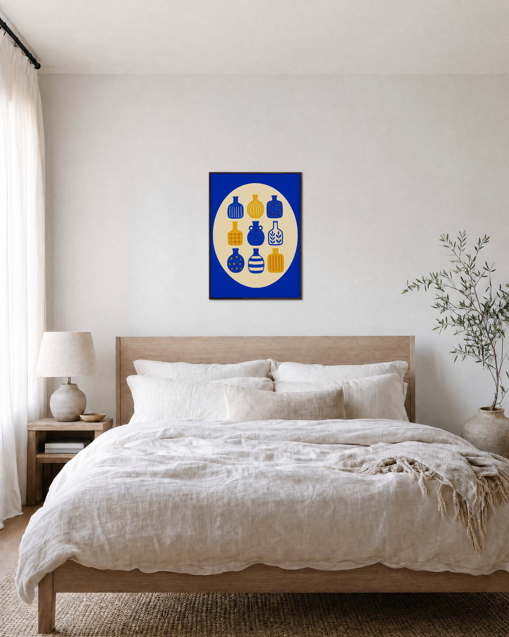 Bottle Hour cobalt bottle wall art: unframed print is shown framed for styling in a bedroom; frame not included
