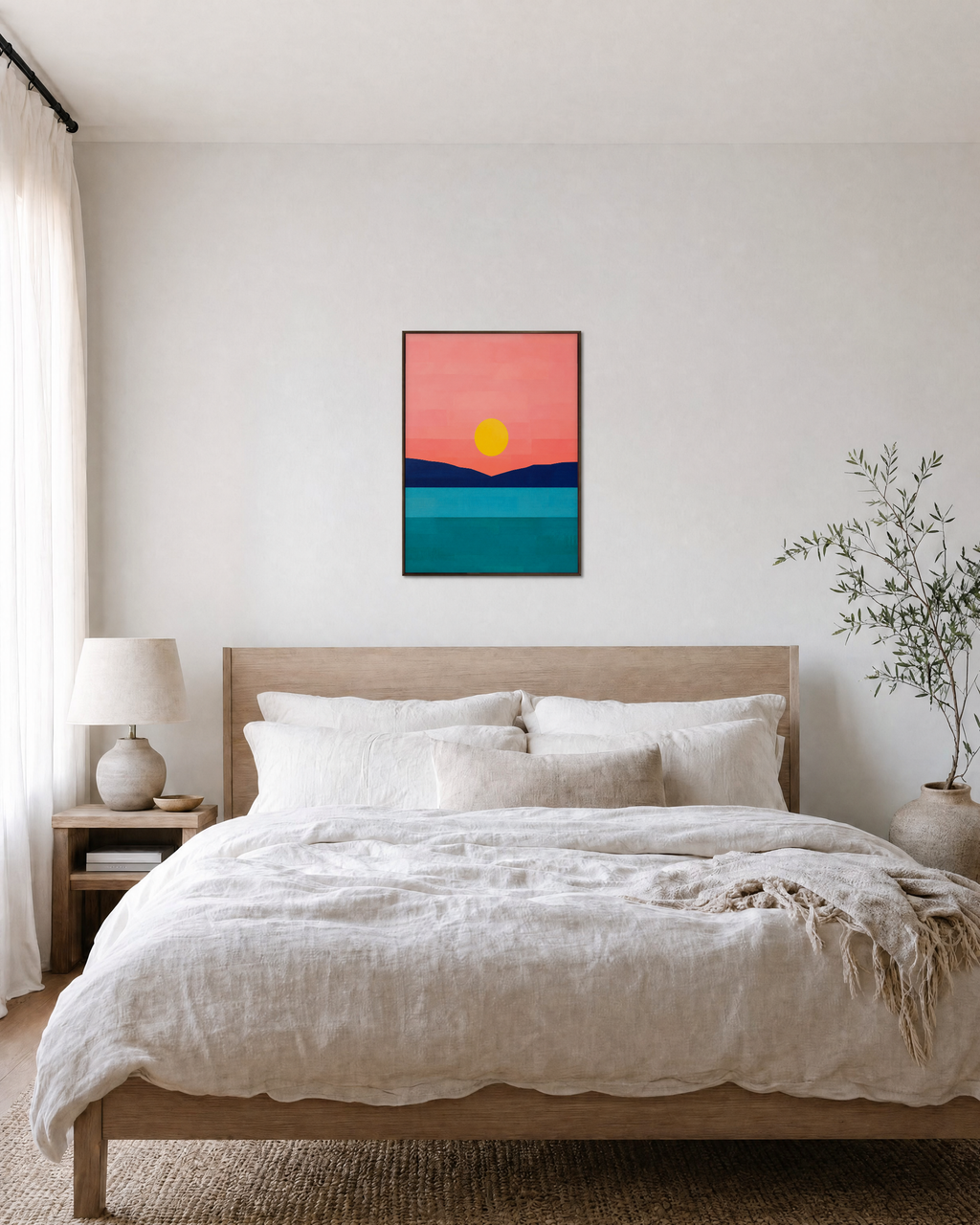 Evening Ridge landscape wall art: unframed print is shown framed for styling in a bedroom; frame not included