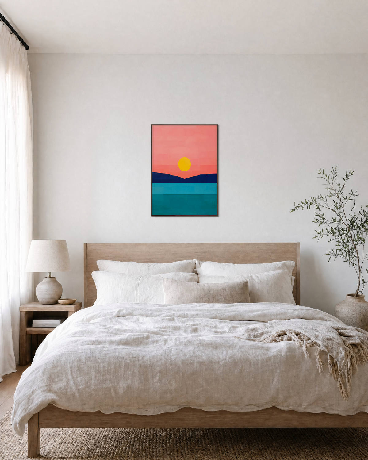 Evening Ridge landscape wall art: unframed print is shown framed for styling in a bedroom; frame not included