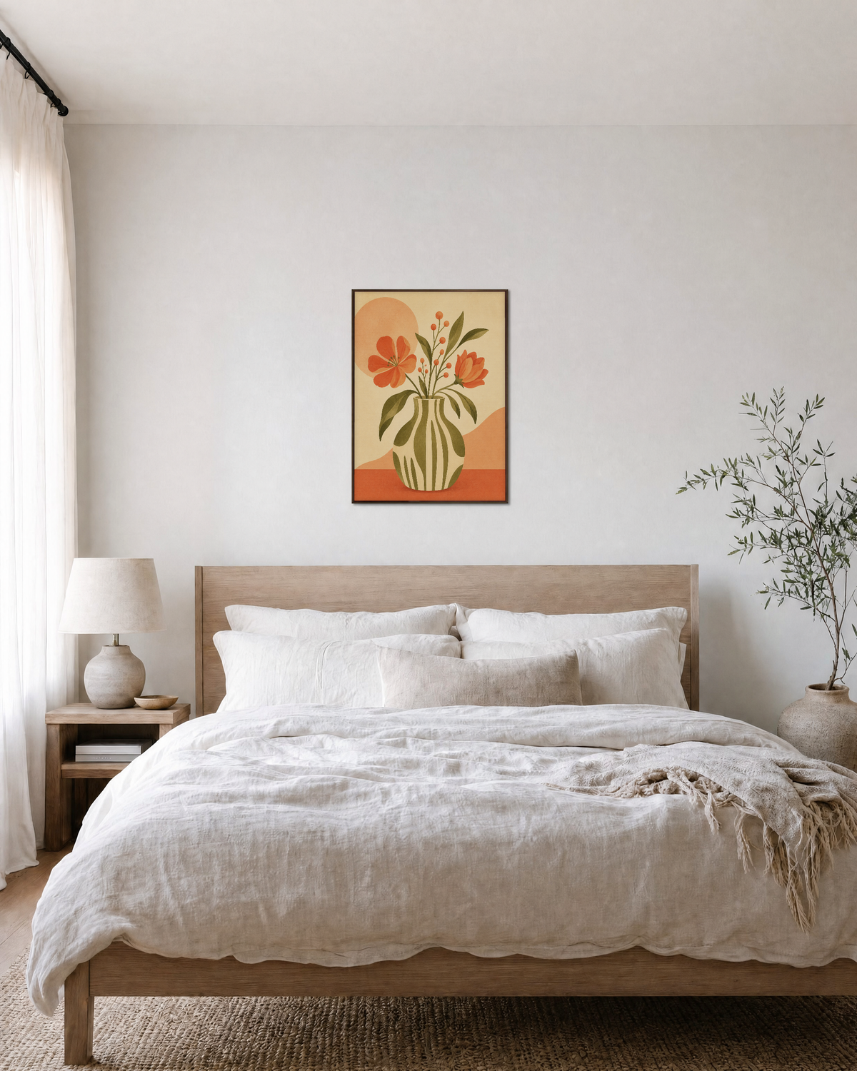 Table Bloom vintage floral illustration print: unframed print is shown framed for styling in a bedroom; frame not included