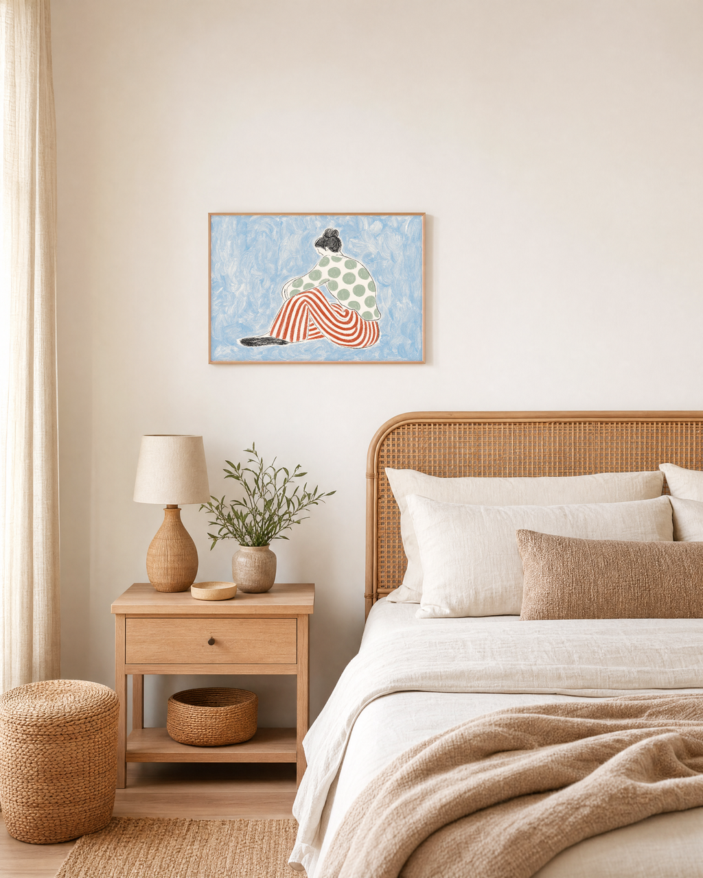 Wide Step Press edition unframed print is shown framed for styling in a bedroom; Frame not included