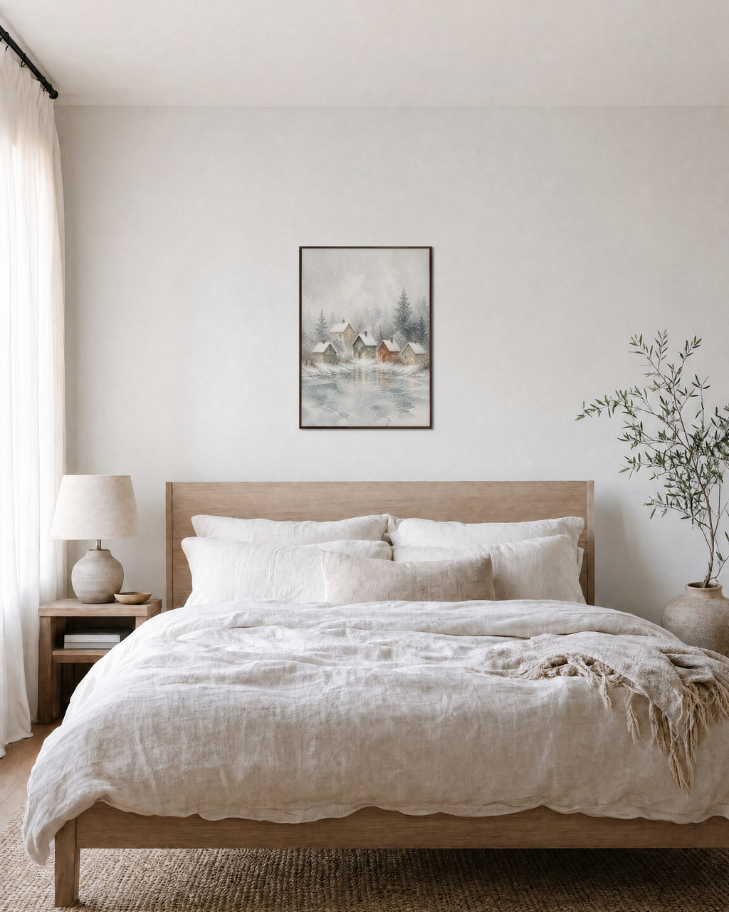 Snow Village mist village print: unframed print is shown framed for styling in a bedroom; frame not included