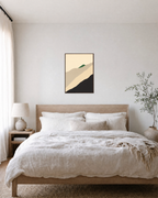 Green Ridge unframed print is shown framed for styling in a bedroom; frame not included