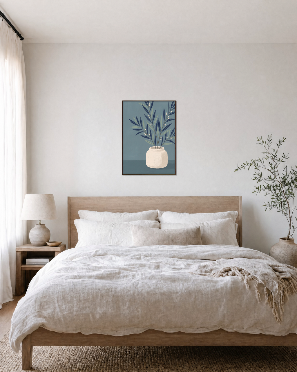 Slate Branch Vessel unframed print is shown framed for styling in a bedroom; frame not included