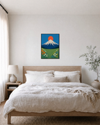 One Snow Peak One Round Sun Two Flower Banks unframed print is shown framed for styling in a bedroom; frame not included
