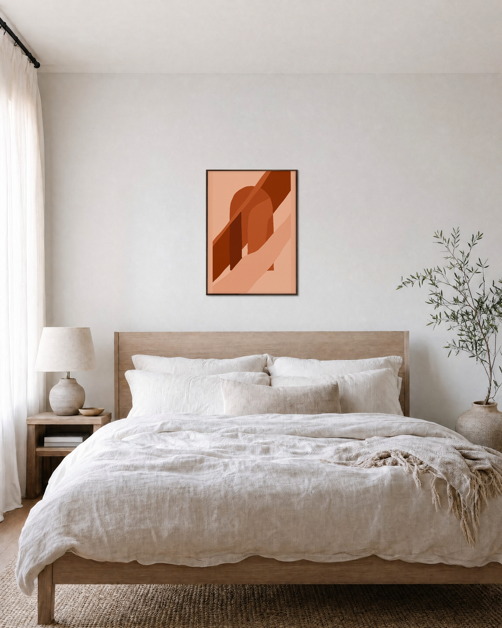 Brown Bands Across Orange Arch burnt orange geometric wall art: unframed print is shown framed for styling in a bedroom; frame not included