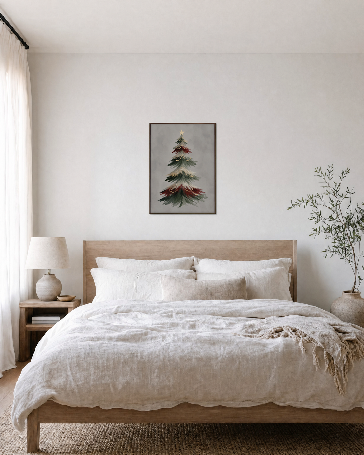 Ribbon Pine ribbon pine print: unframed print is shown framed for styling in a bedroom; frame not included