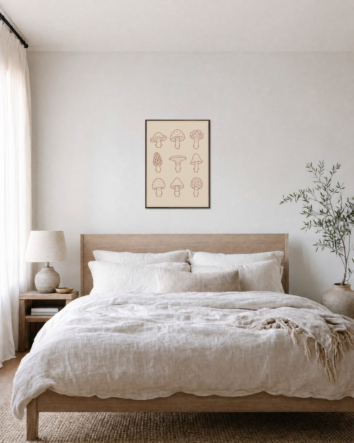 Mushroom Cast mushroom art print: unframed print is shown framed for styling in a bedroom; frame not included