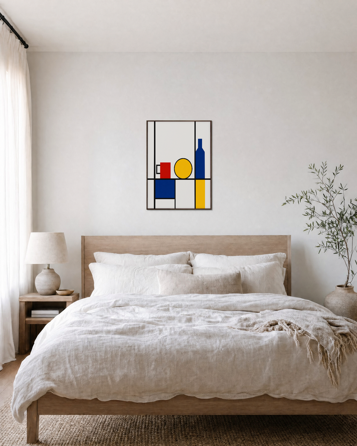 Primary Still Life Grid Remap unframed print is shown framed for styling in a bedroom; frame not included