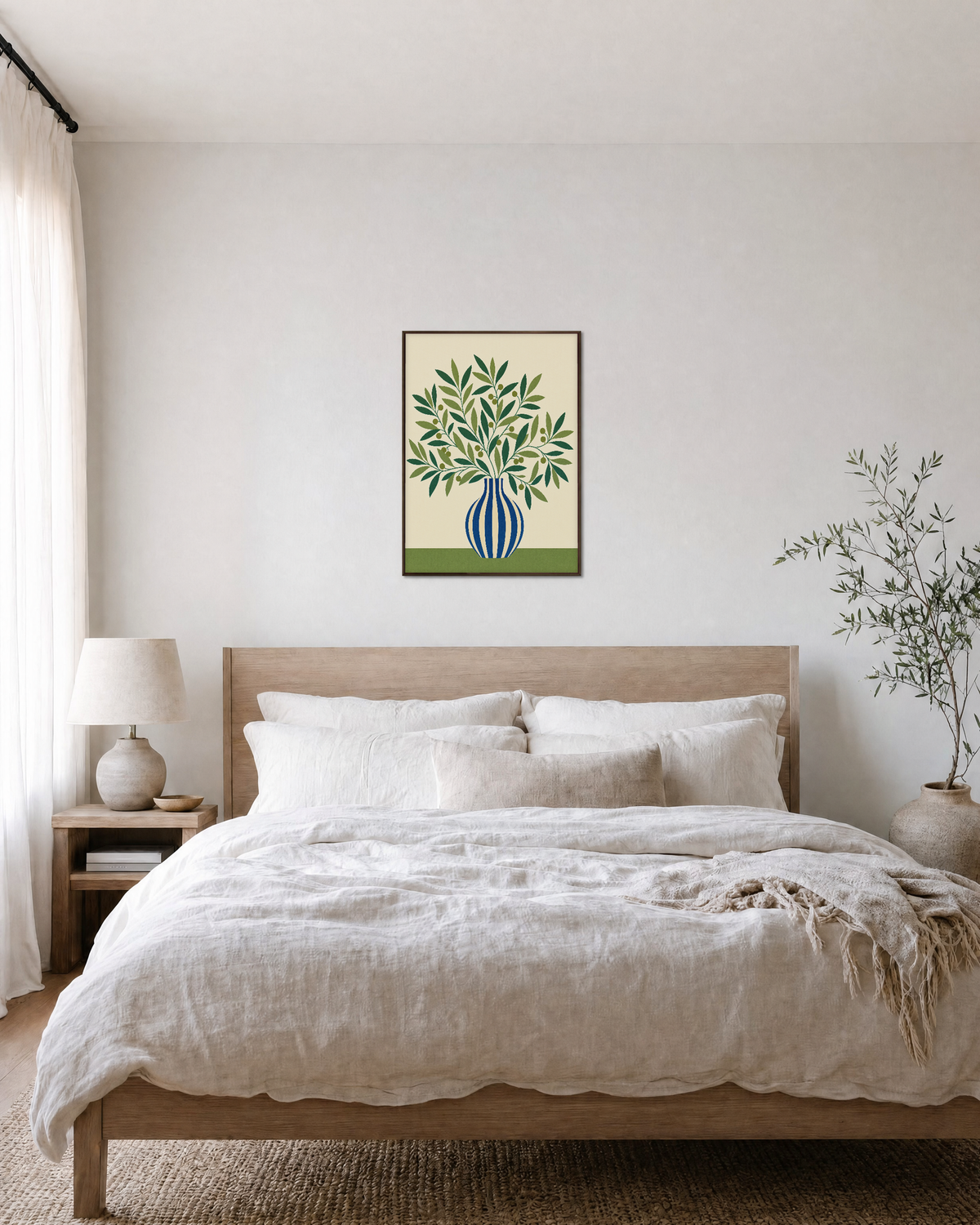Olive Morning blue vase wall art: unframed print is shown framed for styling in a bedroom; frame not included