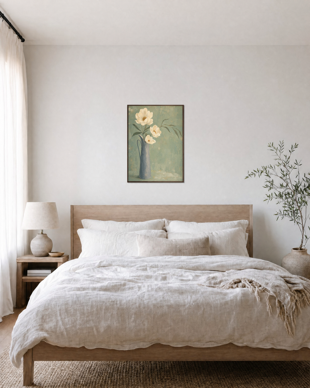 Ivory Pitcher Blooms Press edition unframed print is shown framed for styling in a bedroom; Frame not included
