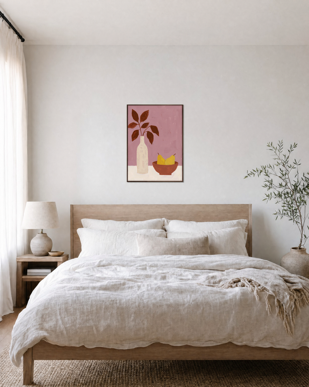 Pitcher and Lemon Studio edition unframed print is shown framed for styling in a bedroom; Frame not included
