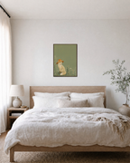 Fox Straw Hat Sage unframed print is shown framed for styling in a bedroom; frame not included