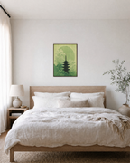 Moon Pagoda japanese art prints: unframed print is shown framed for styling in a bedroom; frame not included
