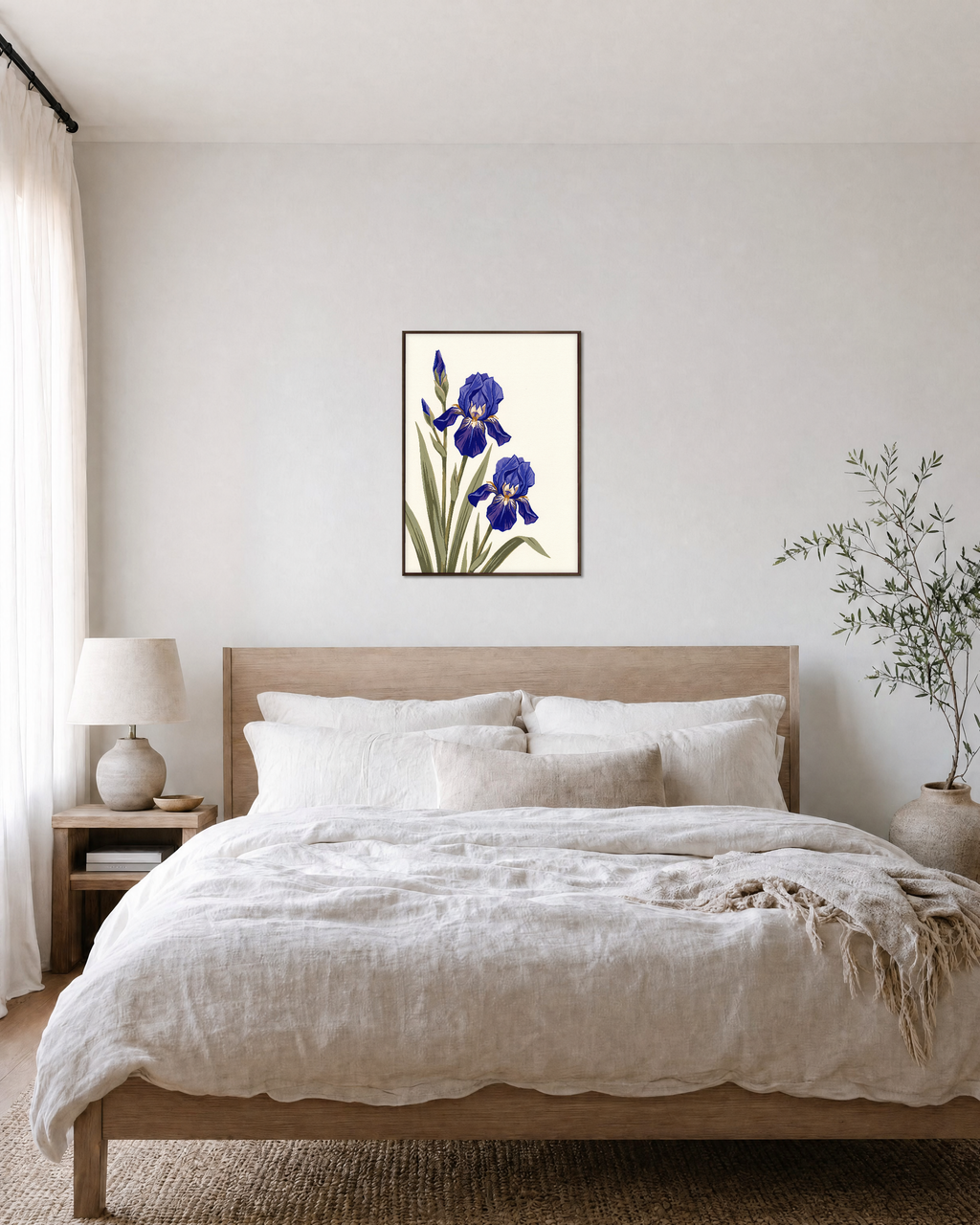 Blue Folk Stem unframed print is shown framed for styling in a bedroom; frame not included