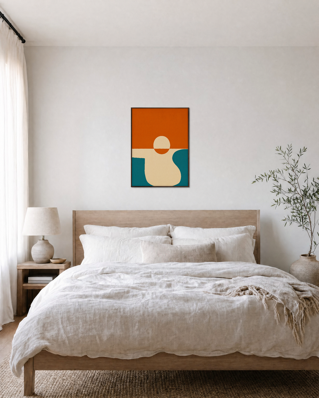 Central Circle and Orange Ground circle and line composition wall art print: unframed print is shown framed for styling in a bedroom; frame not included