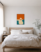 Central Circle and Orange Ground circle and line composition wall art print: unframed print is shown framed for styling in a bedroom; frame not included