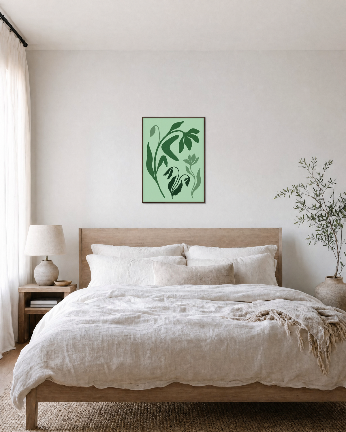 Drooping Green Flower Stems green wildflower wall art print: unframed print is shown framed for styling in a bedroom; frame not included