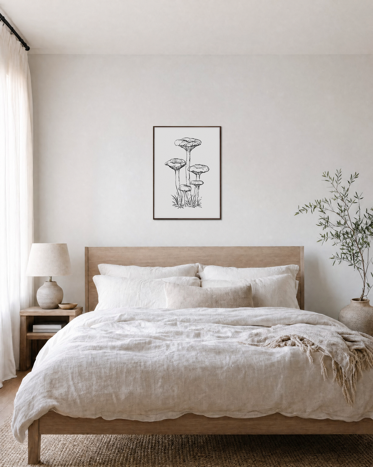 Mushroom Patch mushroom poster print: unframed print is shown framed for styling in a bedroom; frame not included