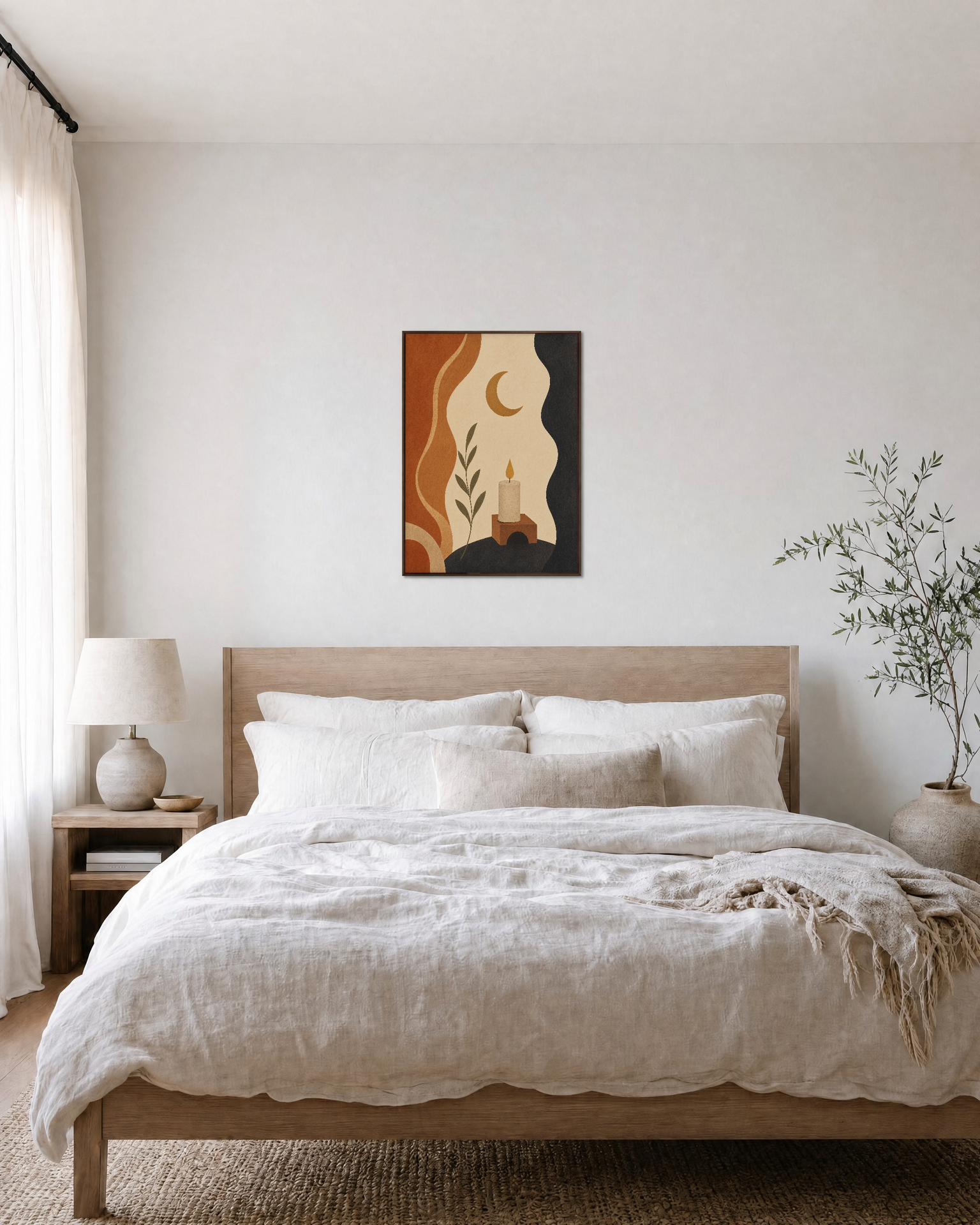 Moon Candle Gate unframed print is shown framed for styling in a bedroom; frame not included
