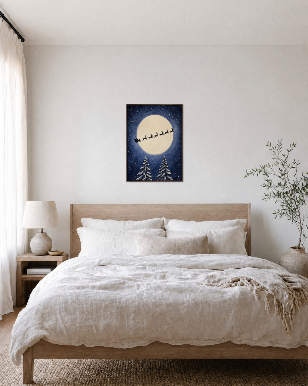 Midnight Sleigh moon sleigh print: unframed print is shown framed for styling in a bedroom; frame not included