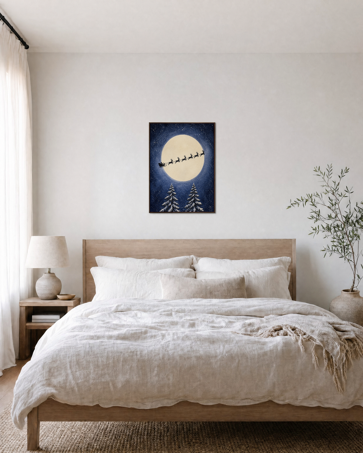 Midnight Sleigh moon sleigh print: unframed print is shown framed for styling in a bedroom; frame not included
