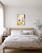Oil Pourer Table unframed print is shown framed for styling in a bedroom; frame not included