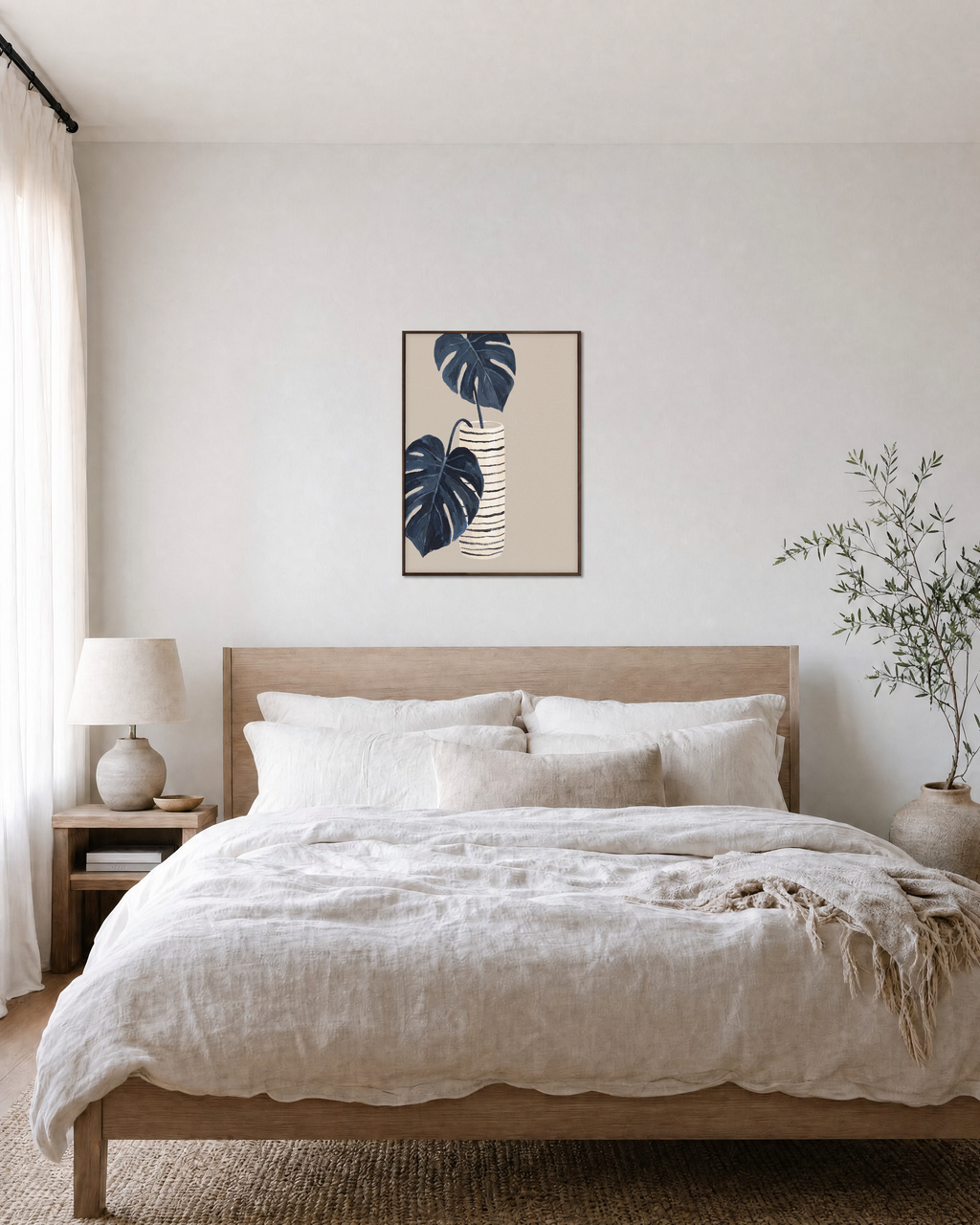 Stripe Pot Leaves Studio edition unframed print is shown framed for styling in a bedroom; Frame not included