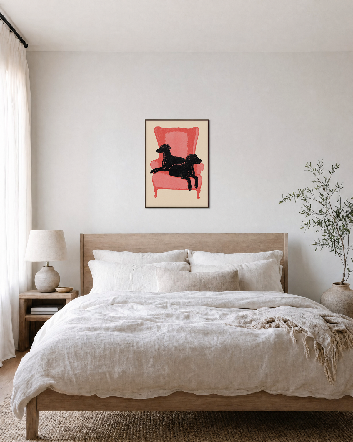 Chair Dogs coral chair ink dogs wall art: unframed print is shown framed for styling in a bedroom; frame not included