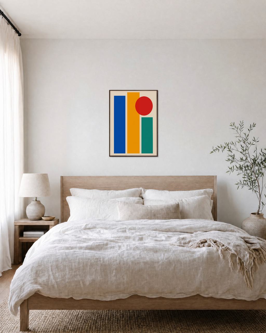 Three Color Slabs One Circle unframed print is shown framed for styling in a bedroom; frame not included