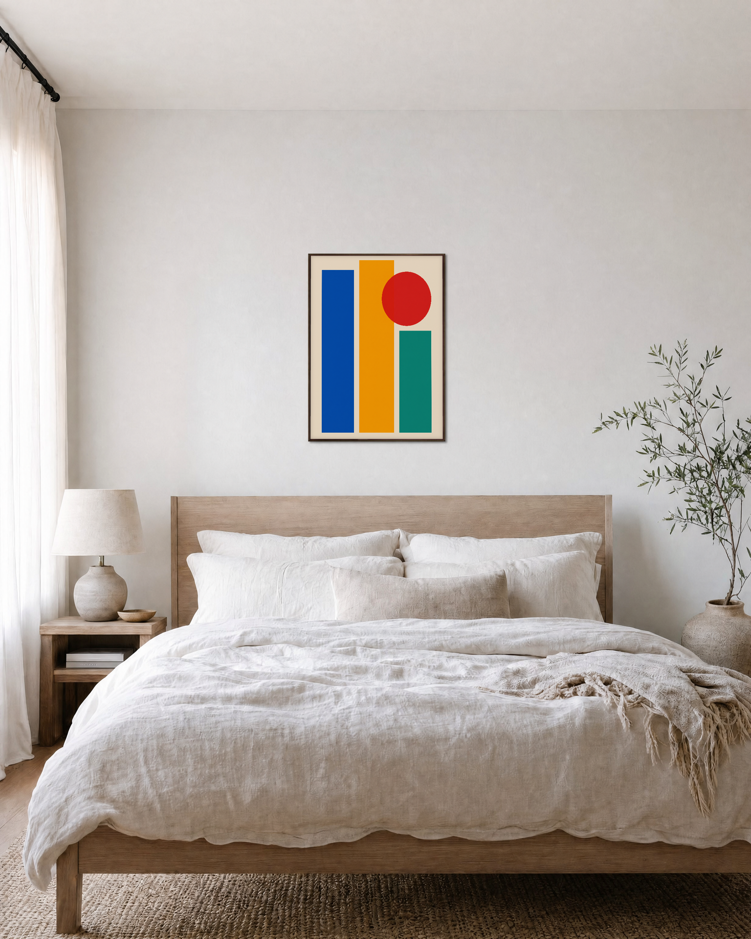 Three Color Slabs One Circle unframed print is shown framed for styling in a bedroom; frame not included