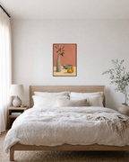 Pitcher and Lemon Press edition unframed print is shown framed for styling in a bedroom; Frame not included